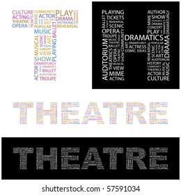 THEATRE. Word collage. Illustration with different association terms.