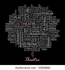 THEATRE. Word collage on black background. Illustration with different association terms.