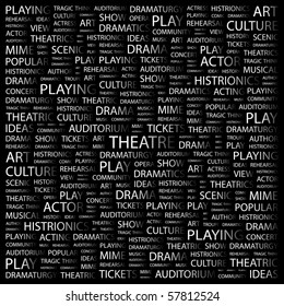 THEATRE. Word collage on black background. Illustration with different association terms.