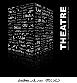 THEATRE. Word collage on black background. Illustration with different association terms.