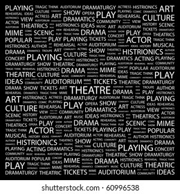 THEATRE. Word collage on black background. Illustration with different association terms.