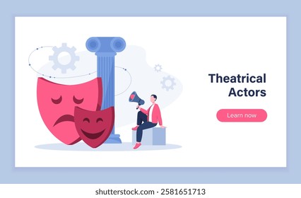 Theatrical actors poster. Man with loudspeaker near theatrical masks and marble columns. School of acting. Education and training. Landing webpage. Flat vector illustration