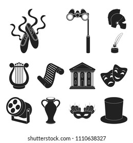 Theatrical art black icons in set collection for design.Theater equipment and accessories vector symbol stock web illustration.