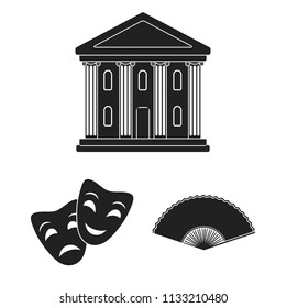 Theatrical art black icons in set collection for design.Theater equipment and accessories vector symbol stock web illustration.