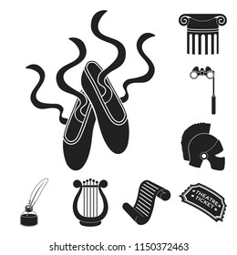 Theatrical art black icons in set collection for design.Theater equipment and accessories vector symbol stock web illustration.