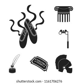 Theatrical art black icons in set collection for design.Theater equipment and accessories vector symbol stock web illustration.