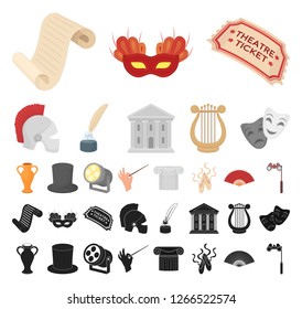 Theatrical art cartoon, black icons in set collection for design.Theater equipment and accessories vector symbol stock web illustration.