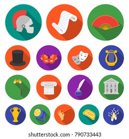 Theatrical art flat icons in set collection for design.Theater equipment and accessories vector symbol stock web illustration.