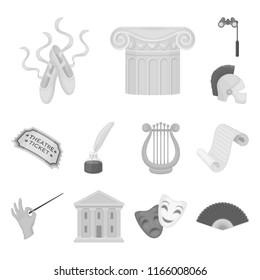 Theatrical art monochrome icons in set collection for design.Theater equipment and accessories vector symbol stock web illustration.