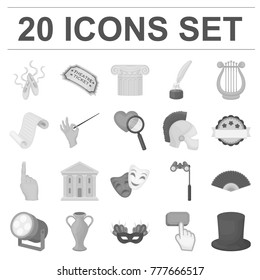 Theatrical art monochrome icons in set collection for design.Theater equipment and accessories vector symbol stock web illustration.