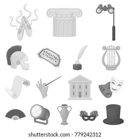 Theatrical art monochrome icons in set collection for design.Theater equipment and accessories vector symbol stock web illustration.