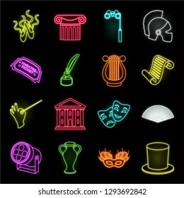 Theatrical art neon icons in set collection for design.Theater equipment and accessories vector symbol stock web illustration.