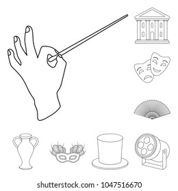 Theatrical art outline icons in set collection for design.Theater equipment and accessories vector symbol stock web illustration.