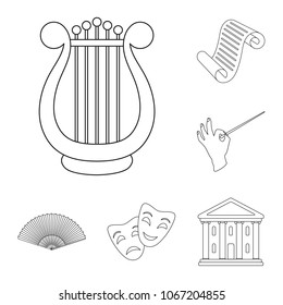 Theatrical art outline icons in set collection for design.Theater equipment and accessories vector symbol stock web illustration.