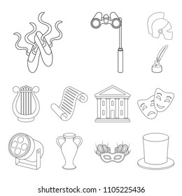 Theatrical art outline icons in set collection for design.Theater equipment and accessories vector symbol stock web illustration.