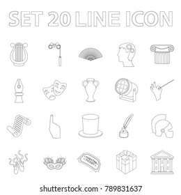 Theatrical art outline icons in set collection for design.Theater equipment and accessories vector symbol stock web illustration.