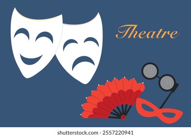 Theatrical attributes. Theater themed illustration with comedy and tragedy masks, red fan, and opera glasses on blue background