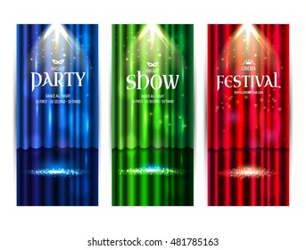 Theatrical background with a colors curtain and a scene. Light on a floor. Vector illustration. Night party banners colors background.