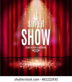 Theatrical background with a red curtain and a scene. Light on a floor. Vector illustration. Super show banner on red background.