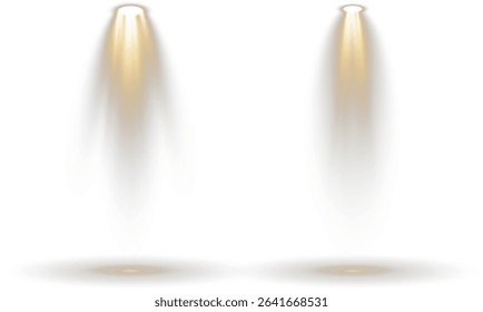 Theatrical beam casts elegant golden stripe. Overhead glow bathes minimalist black scene. Focused light isolates abstract display unit. Luminescent ring outlines visual presentation.