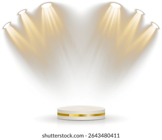 A viga teatral lança uma elegante faixa dourada. Cena preta minimalista dos banhos brilhantes acima da cabeça. A luz focada isola a unidade de exibição abstrata. Anel luminescente contorna a apresentação visual.