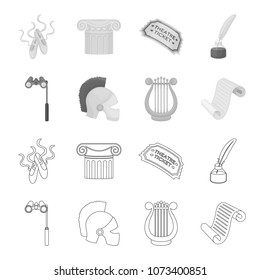 Theatrical binoculars, a helmet, a harp and a paper scroll. The theater set collection icons in outline,monochrome style vector symbol stock illustration web.