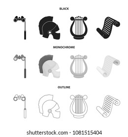 Theatrical binoculars, a helmet, a harp and a paper scroll. The theater set collection icons in black,monochrome,outline style vector symbol stock illustration web.