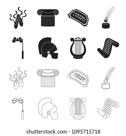 Theatrical binoculars, a helmet, a harp and a paper scroll. The theater set collection icons in black,outline style vector symbol stock illustration web.