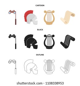 Theatrical binoculars, a helmet, a harp and a paper scroll. The theater set collection icons in cartoon,black,outline style vector symbol stock illustration web.