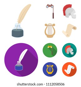 Theatrical binoculars, a helmet, a harp and a paper scroll. The theater set collection icons in cartoon,flat style vector symbol stock illustration web.