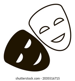 Theatrical black mask and white mask. Two symbolic traditional masks silhouettes. Dedicated overlay on face with cutouts for eyes and mouth. Flat style for web, print or advertising. Logo design.