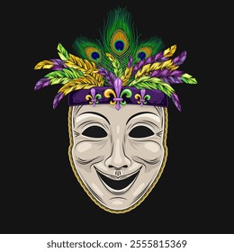 Theatrical comedy face mask with bundle of colorful feathers on top. Detailed illustration in vintage style. Mardi Gras decoration. Front view.