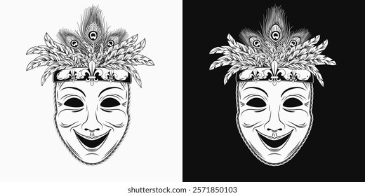 Theatrical comedy face mask with bundle of colorful feathers on top. Detailed illustration in vintage style. Mardi Gras decoration. Front view.