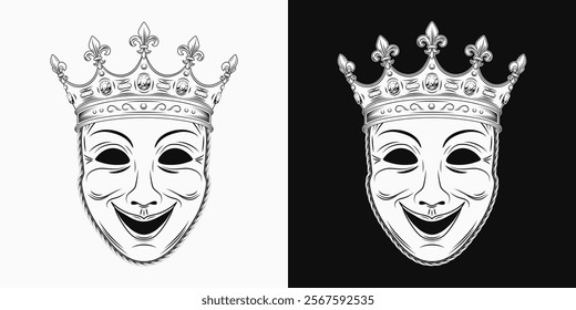 Theatrical comedy face mask with crown with gemstones, fleur de lis sign on points. Detailed monochrome illustration in vintage style. Front view.