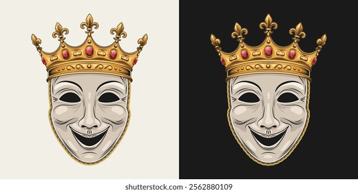 Theatrical comedy face mask with golden crown with red gemstones ruby, fleur de lis sign on points. Detailed illustration in vintage style. Front view.