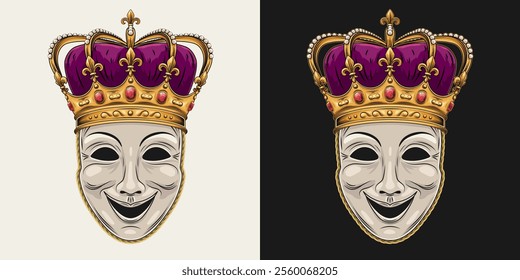 Theatrical comedy face mask with imperial crown with red gemstones ruby, pearls, fleur de lis sign on points, purple velvet. Detailed illustration in vintage style. Front view.