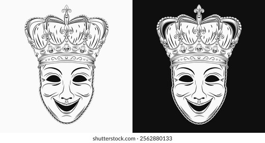 Theatrical comedy face mask with imperial crown with gemstones, fleur de lis sign on points. Detailed black and white illustration in vintage style. Front view.