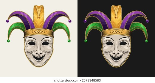 Theatrical comedy face mask with jester harlequin hat. Mardi Gras themed detailed illustration in vintage style. Front view.