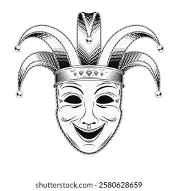 Theatrical comedy face mask with jester harlequin hat. Mardi Gras themed detailed black and white illustration in vintage style. Front view.