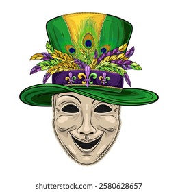 Theatrical comedy face mask with tall green cylinder hat with bunch of feathers. Mardi Gras themed detailed illustration in vintage style. Front view.