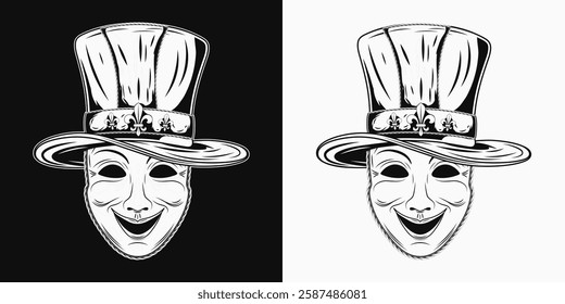 Theatrical comedy face mask with tall cylinder hat. Mardi Gras themed detailed monochrome illustration in vintage style. Front view.