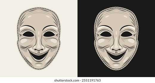 Máscara de cabeça de comédia teatral. Smiley rindo. Ilustração detalhada em estilo vintage. Vista frontal.