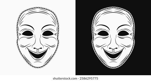 Theatrical comedy head mask. Laughing smiling face. Detailed illustration in vintage style. Front view.