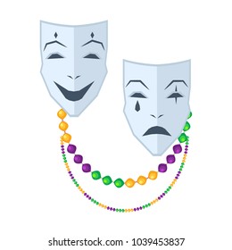 Theatrical comedy and tragedy masks decorated necklace with beads flat vector isolated on white background. Masquerade clothing attribute illustration for costumed party or festival invitation design