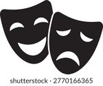 Theatrical comedy and tragedy masks side by side smiling and frowning faces