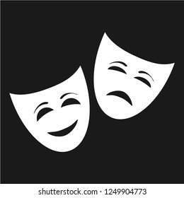 Theatrical comic masks. Vector art. White on a black background.