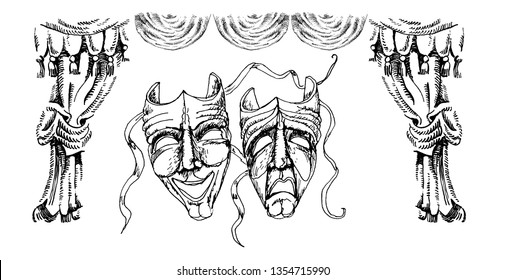 Theatrical composition. Masks of the tragedy and comedy. Curtain. Allegory of a theater arts. Vector ink hand drawn. Vintage Engraving illustration