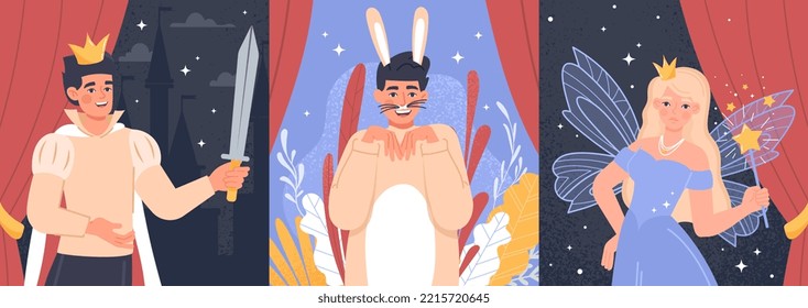 Concepto de trajes teatrales. Hombres y mujeres juegan roles de personajes ficticios. Liebre, caballero y princesa. Imaginación y fantasía, cuento de hadas. Creatividad y arte: ilustración vectorial plana de dibujos animados