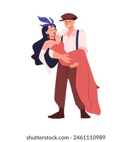 Theatrical dance performance. Vector illustration of a smiling male and female dancer in vintage costumes, engaged in a joyful dance routine on stage.