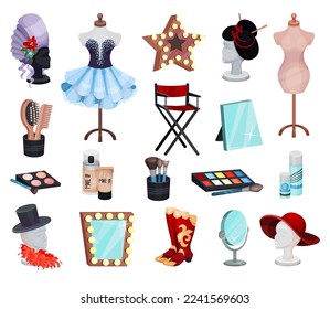 Theatrical dressing room objects set. Dress on mannequin, table mirror, cosmetics, wig, hat and accessories cartoon vector